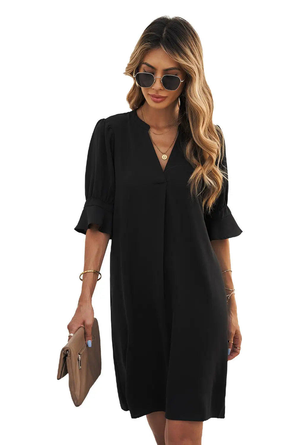 Black Ruffled Sleeve Shift Dress-15