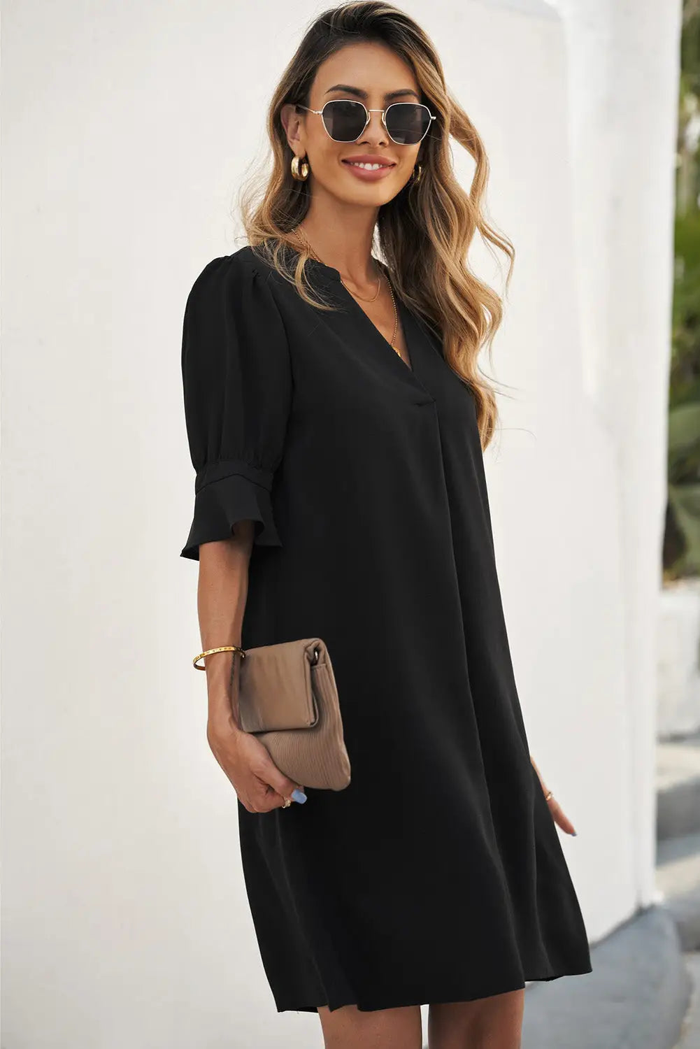 Black Ruffled Sleeve Shift Dress-5