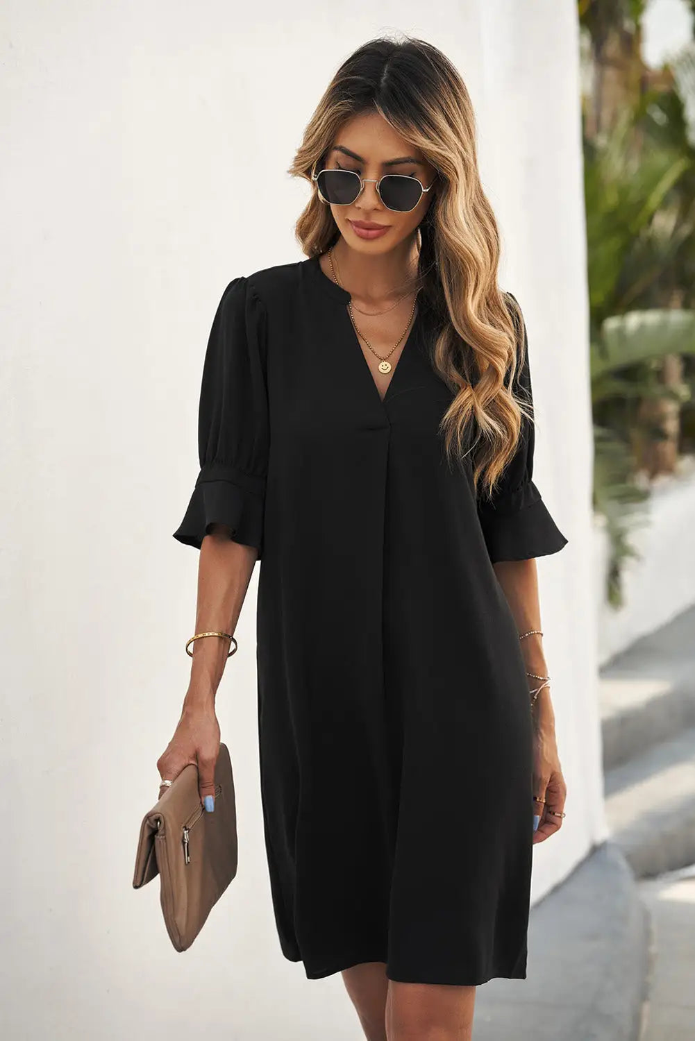 Black Ruffled Sleeve Shift Dress-3