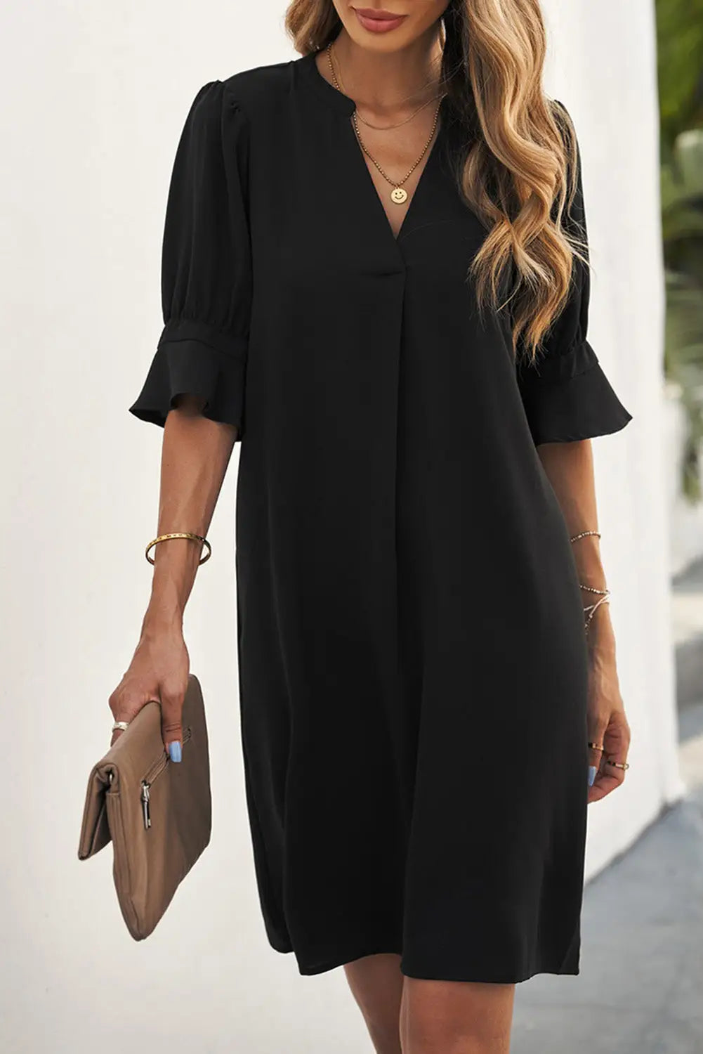 Black Ruffled Sleeve Shift Dress-0