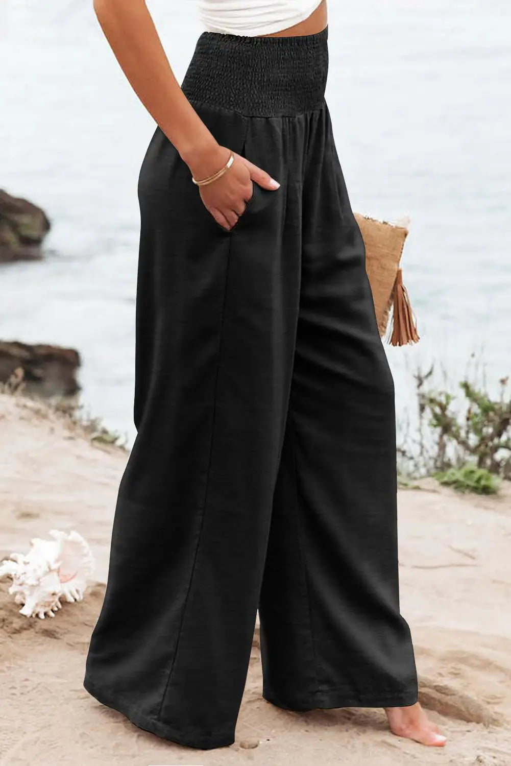 Black Shirred High Waist Plus Size Wide Leg Pants-3