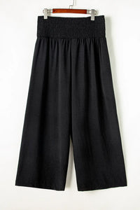 Thumbnail for Black Shirred High Waist Plus Size Wide Leg Pants-5