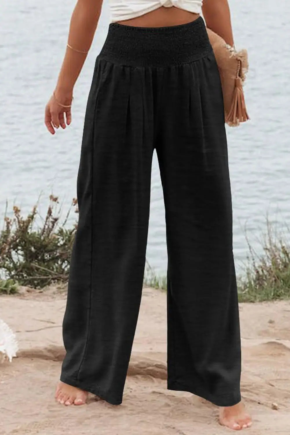 Black Shirred High Waist Plus Size Wide Leg Pants-0