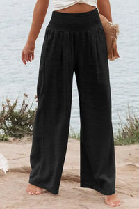 Thumbnail for Black Shirred High Waist Plus Size Wide Leg Pants-0