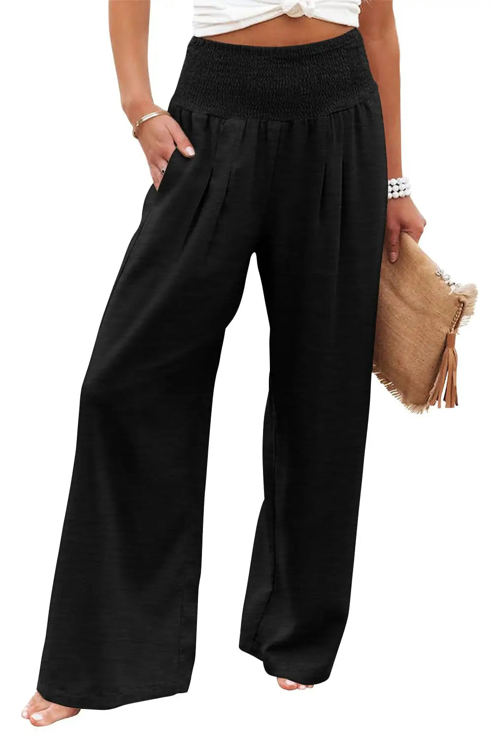 Black Shirred High Waist Plus Size Wide Leg Pants-4