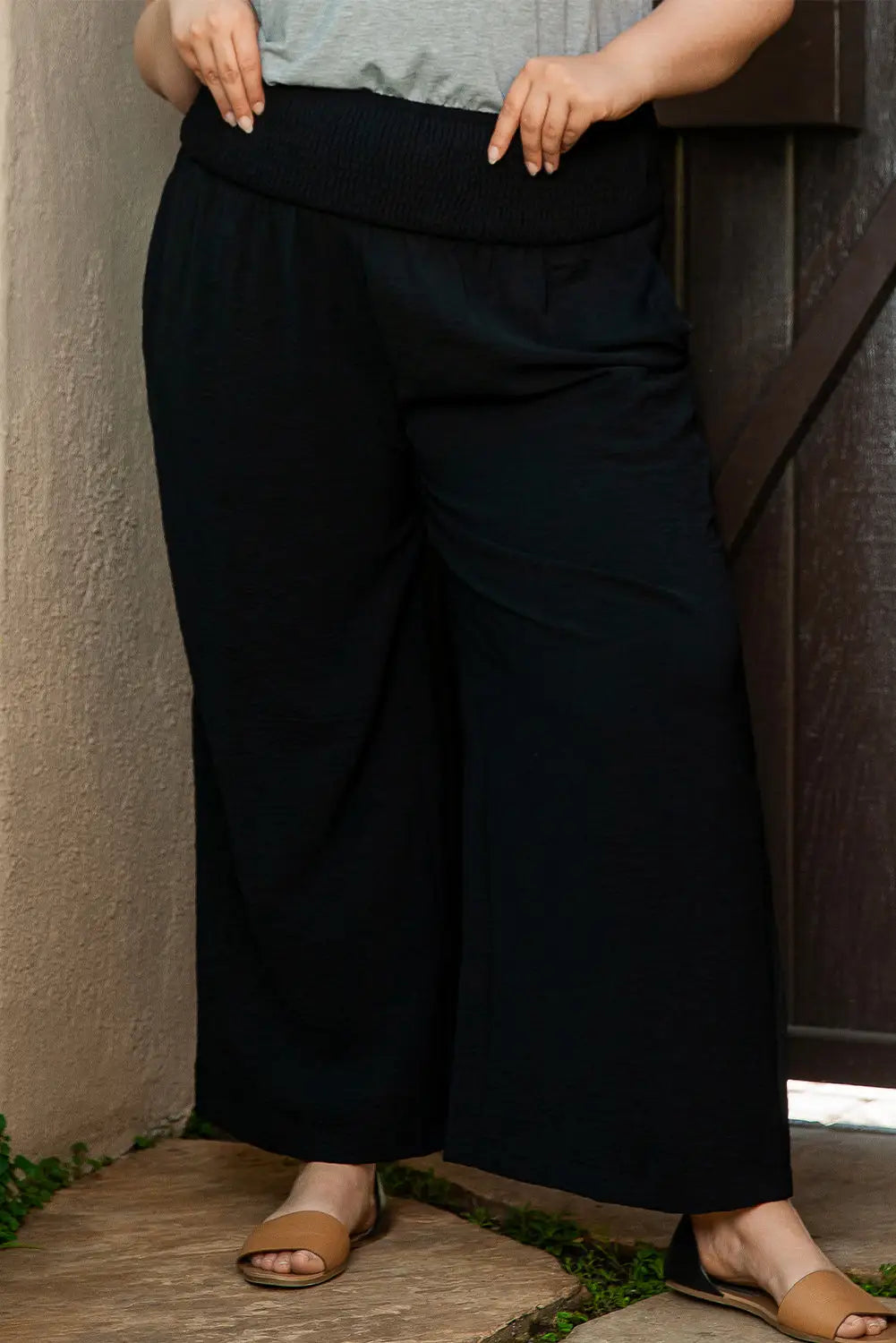 Black Shirred High Waist Plus Size Wide Leg Pants-18