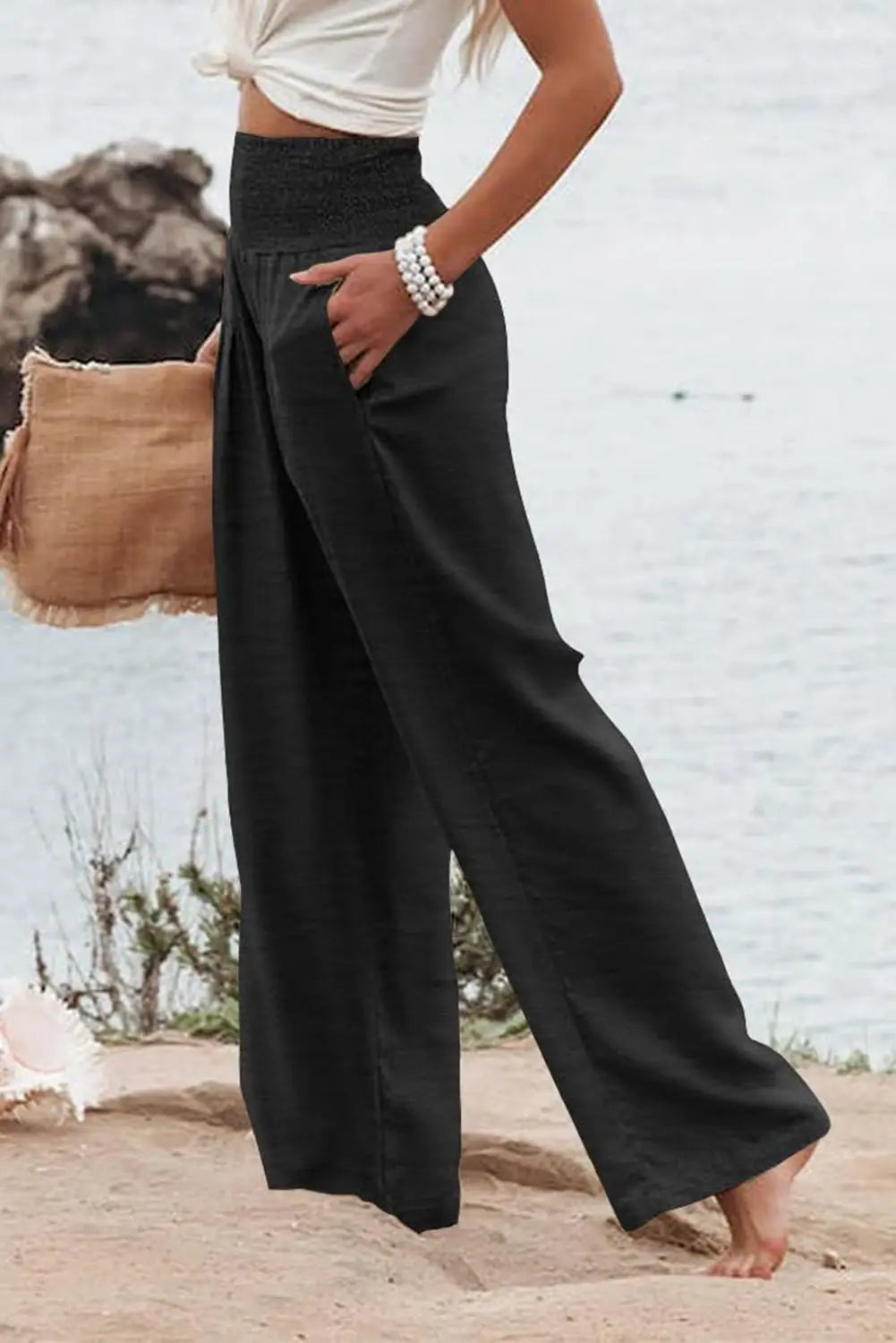 Black Shirred High Waist Plus Size Wide Leg Pants-2