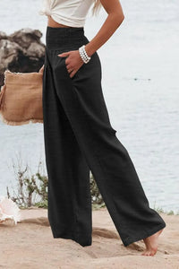 Thumbnail for Black Shirred High Waist Plus Size Wide Leg Pants-2