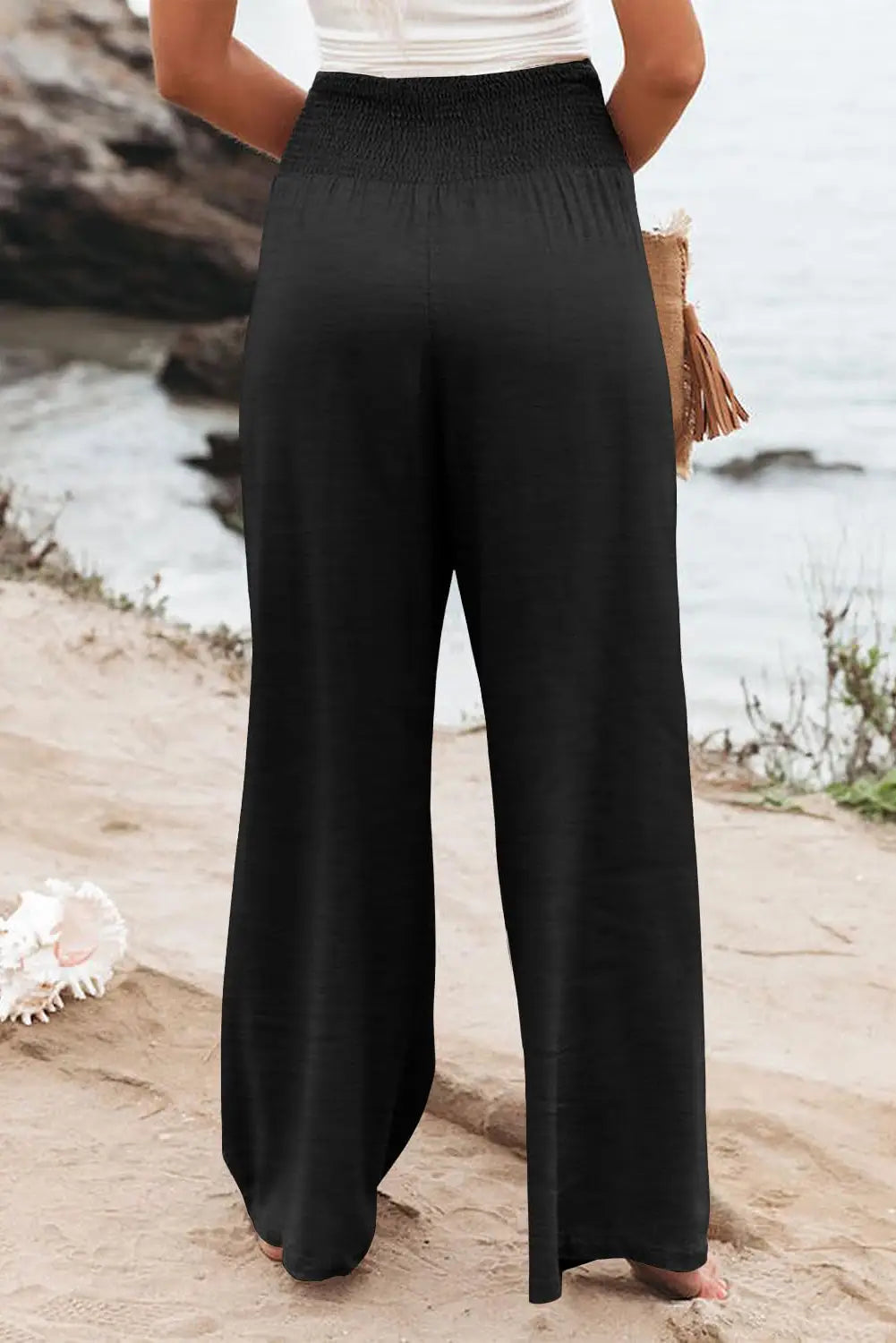 Black Shirred High Waist Plus Size Wide Leg Pants-1