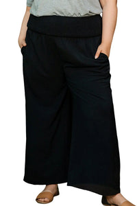 Thumbnail for Black Shirred High Waist Plus Size Wide Leg Pants-21