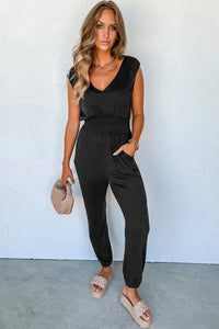 Thumbnail for Black Shirred High Waist Sleeveless V Neck Jumpsuit-2