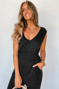 Thumbnail for Black Shirred High Waist Sleeveless V Neck Jumpsuit-3