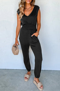 Thumbnail for Black Shirred High Waist Sleeveless V Neck Jumpsuit-0