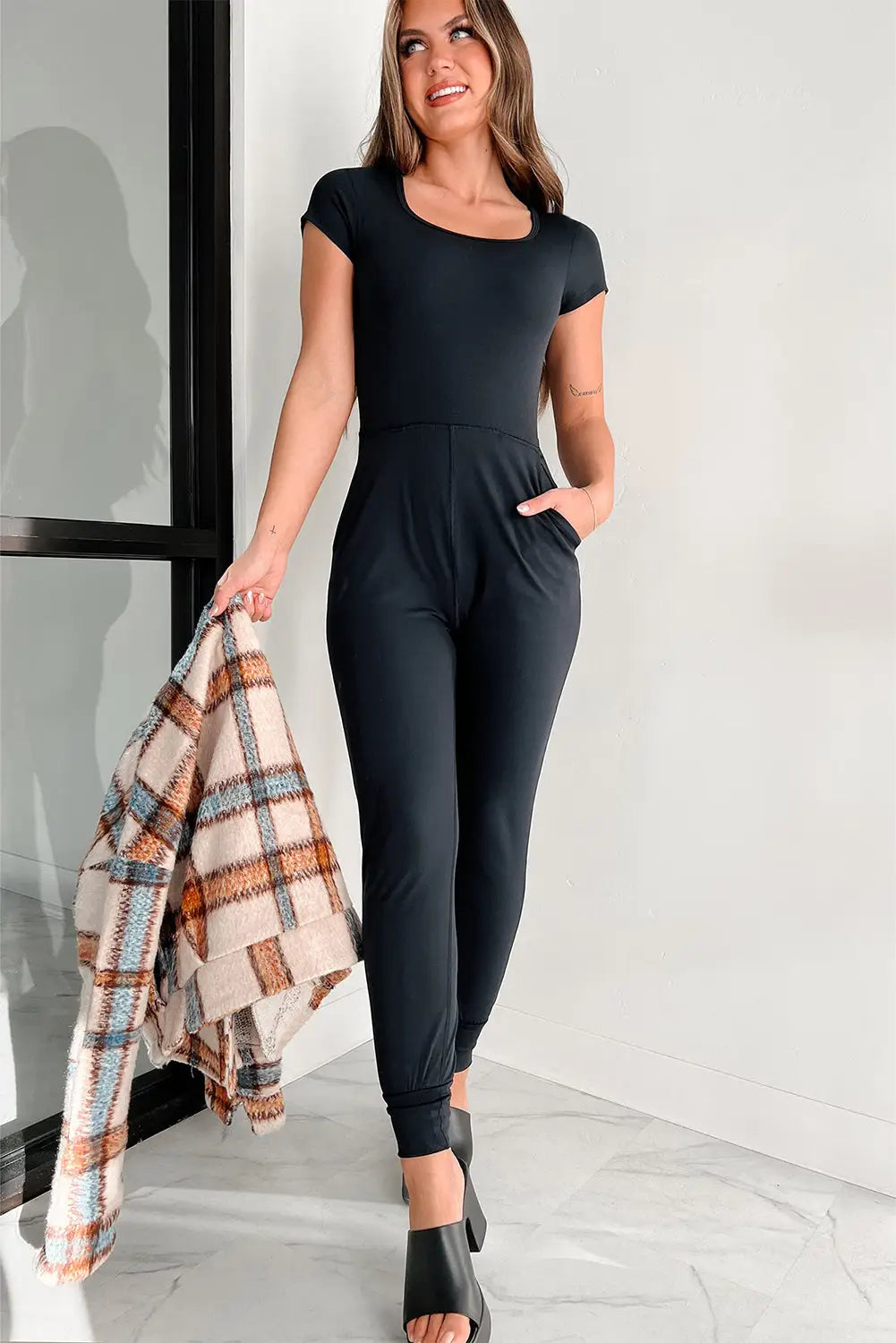 Black Short Sleeve Pocket Jogger Bottom Athleisure Jumpsuit-3