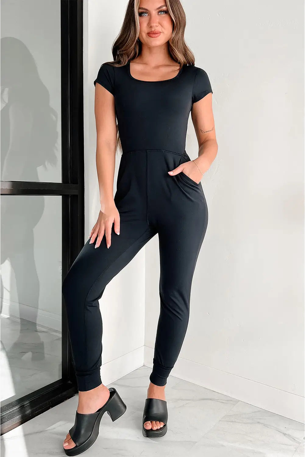 Black Short Sleeve Pocket Jogger Bottom Athleisure Jumpsuit-4