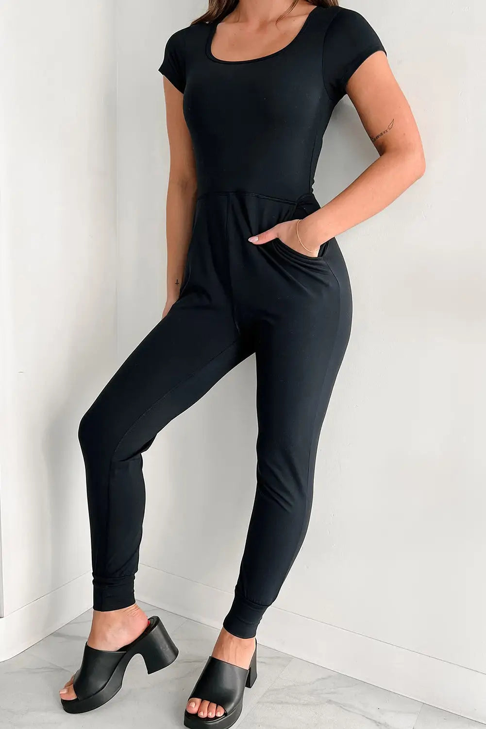 Black Short Sleeve Pocket Jogger Bottom Athleisure Jumpsuit-0