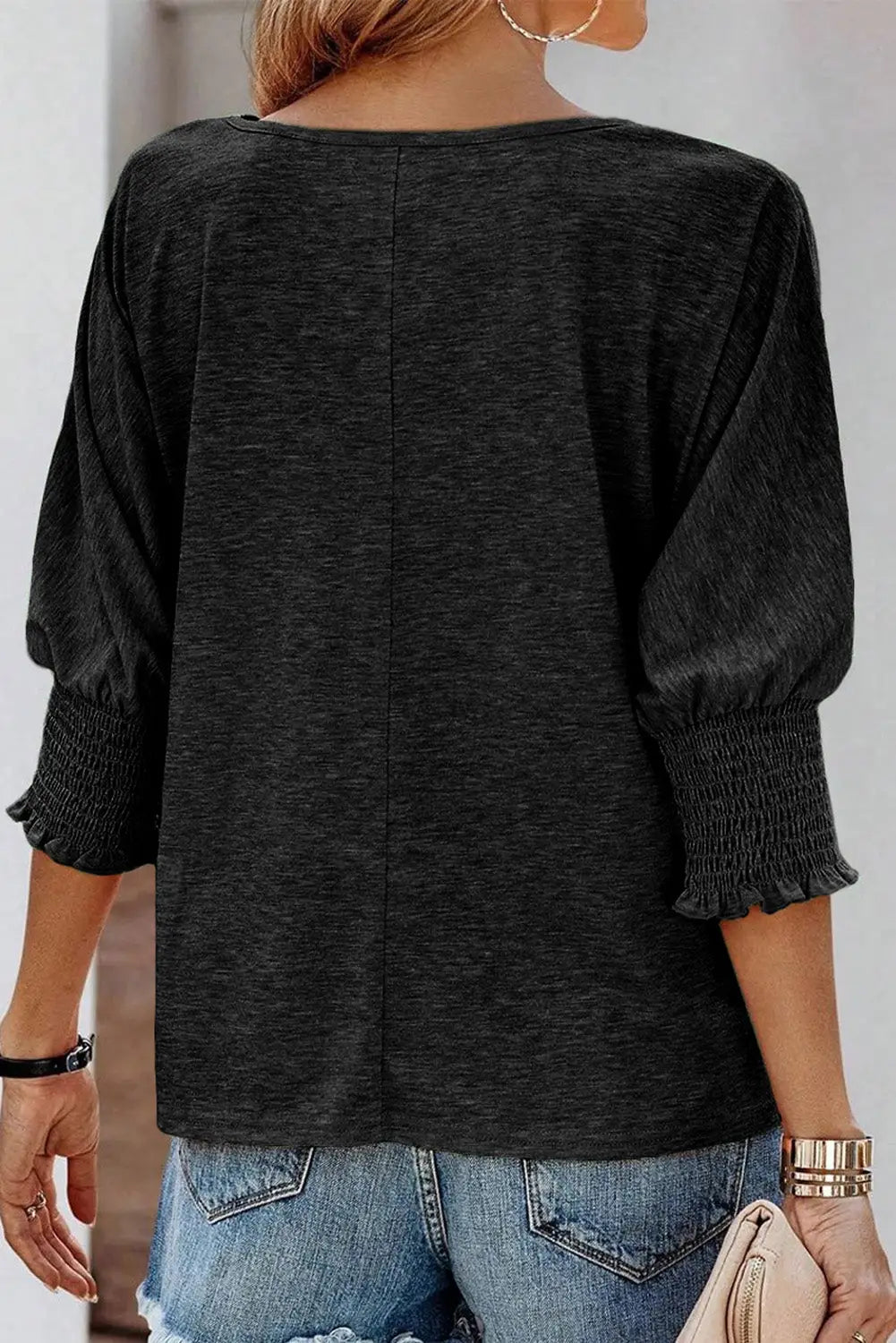 Black Smocked 3/4 Sleeve Casual Loose Top-2