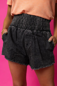 Thumbnail for Black Smocked High Waist Mineral Washed Jean Shorts-0