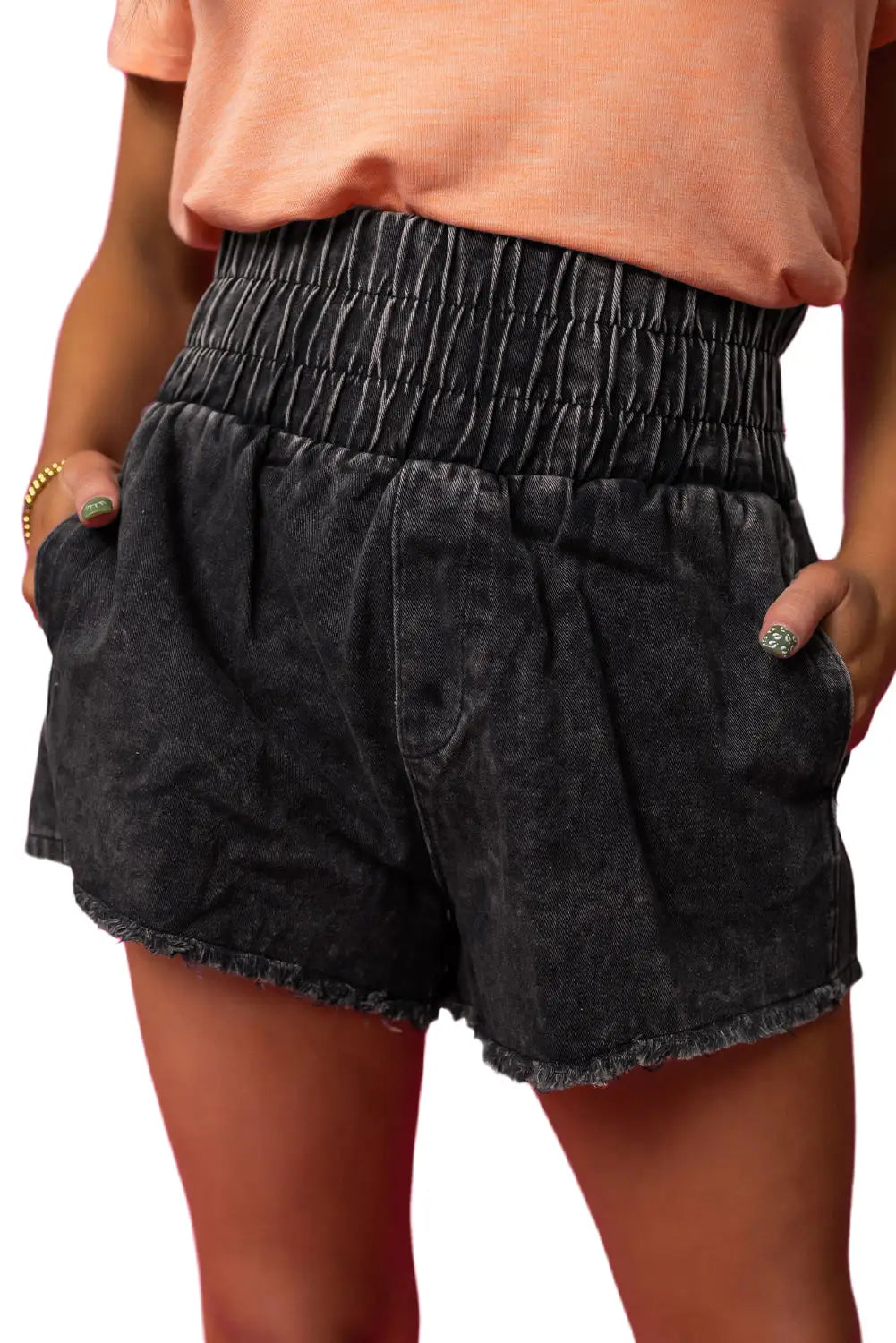 Black Smocked High Waist Mineral Washed Jean Shorts-3