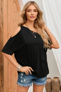 Thumbnail for Black Solid Asymmetrical Neck Loose Casual T-Shirt-0