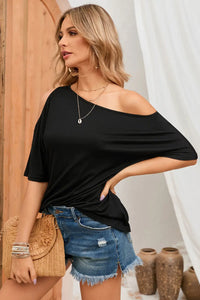 Thumbnail for Black Solid Asymmetrical Neck Loose Casual T-Shirt-3