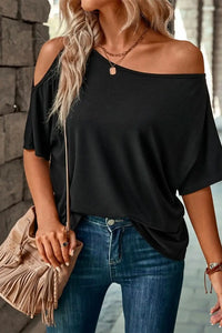 Thumbnail for Black Solid Asymmetrical Neck Loose Casual T-Shirt-8