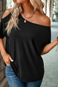 Thumbnail for Black Solid Asymmetrical Neck Loose Casual T-Shirt-9