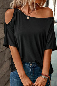 Thumbnail for Black Solid Asymmetrical Neck Loose Casual T-Shirt-5