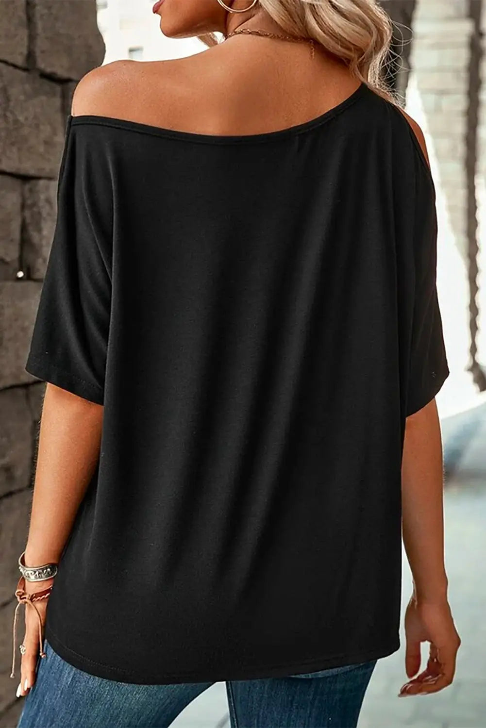 Black Solid Asymmetrical Neck Loose Casual T-Shirt-6