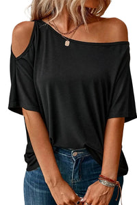 Thumbnail for Black Solid Asymmetrical Neck Loose Casual T-Shirt-11