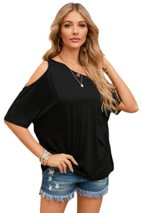 Thumbnail for Black Solid Asymmetrical Neck Loose Casual T-Shirt-12