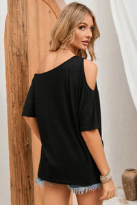 Thumbnail for Black Solid Asymmetrical Neck Loose Casual T-Shirt-2