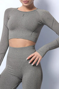 Thumbnail for Black Solid Color Long Sleeve Yoga Crop Top-3