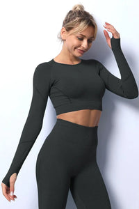Thumbnail for Black Solid Color Long Sleeve Yoga Crop Top-1