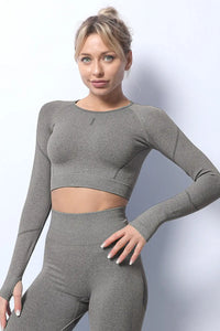 Thumbnail for Black Solid Color Long Sleeve Yoga Crop Top-4