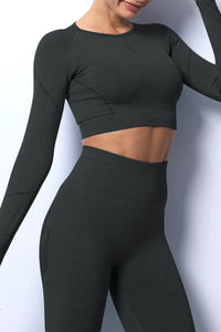 Thumbnail for Black Solid Color Long Sleeve Yoga Crop Top-0