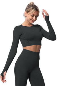 Thumbnail for Black Solid Color Long Sleeve Yoga Crop Top-2