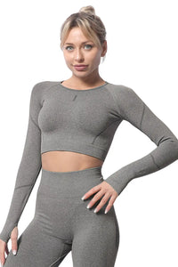 Thumbnail for Black Solid Color Long Sleeve Yoga Crop Top-5