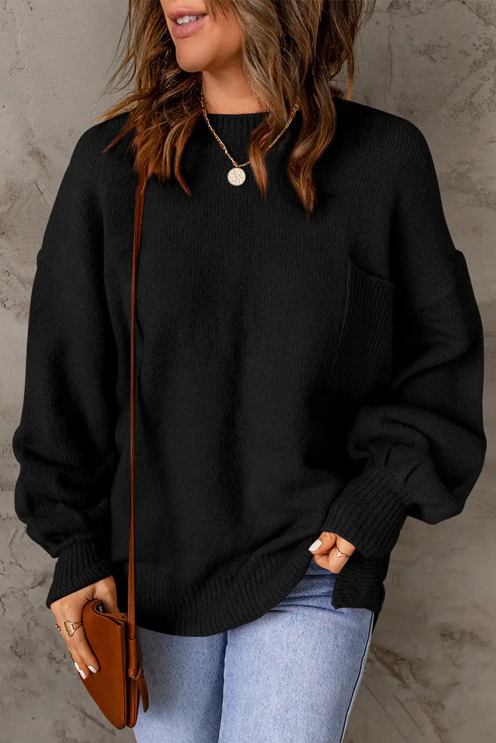 Black Solid Color Puffy Sleeve Pocketed Sweater-0