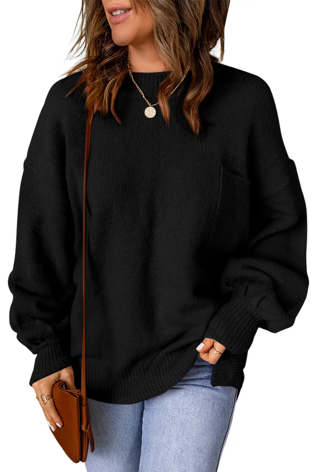 Black Solid Color Puffy Sleeve Pocketed Sweater-3