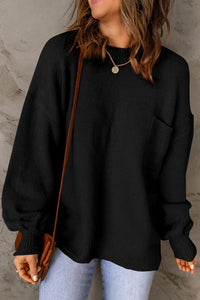 Thumbnail for Black Solid Color Puffy Sleeve Pocketed Sweater-2