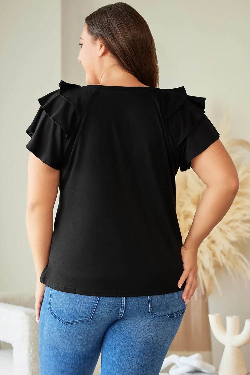 Black Solid Color Ruffle Tiered Sleeve Plus Size Tee-1