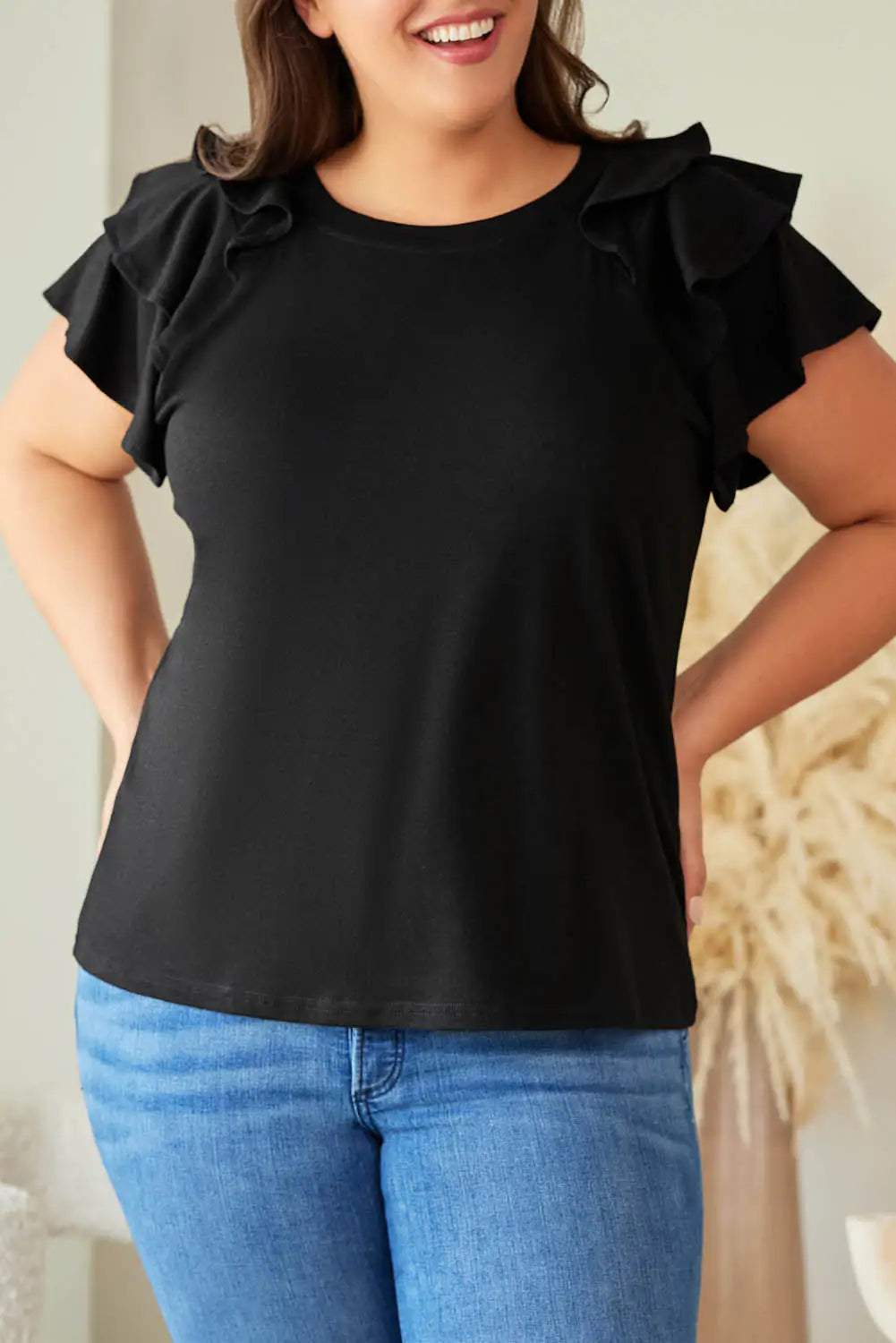 Black Solid Color Ruffle Tiered Sleeve Plus Size Tee-5