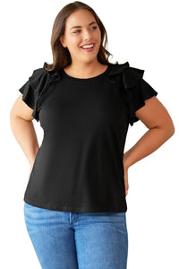 Thumbnail for Black Solid Color Ruffle Tiered Sleeve Plus Size Tee-14