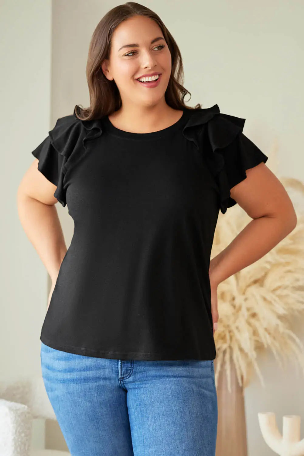 Black Solid Color Ruffle Tiered Sleeve Plus Size Tee-4