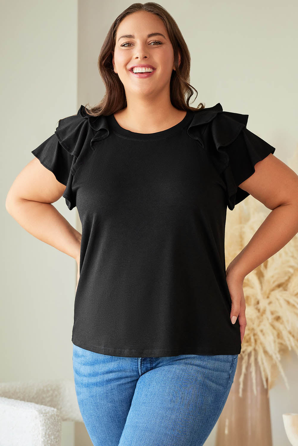 Black Solid Color Ruffle Tiered Sleeve Plus Size Tee-0