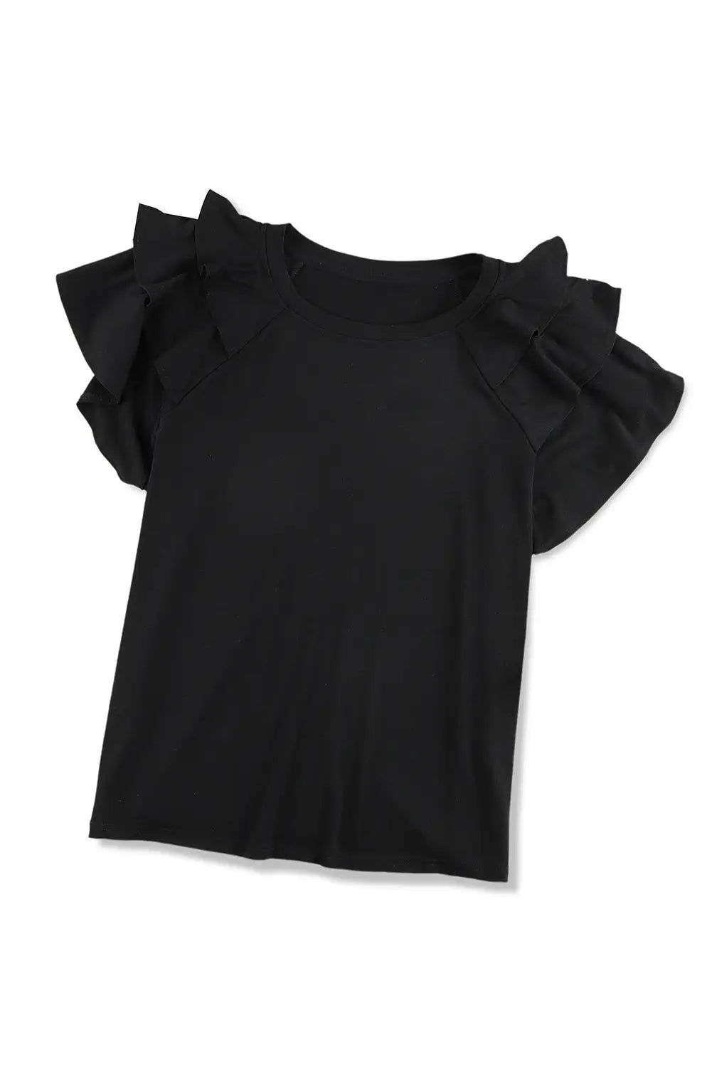 Black Solid Color Ruffle Tiered Sleeve Plus Size Tee-13