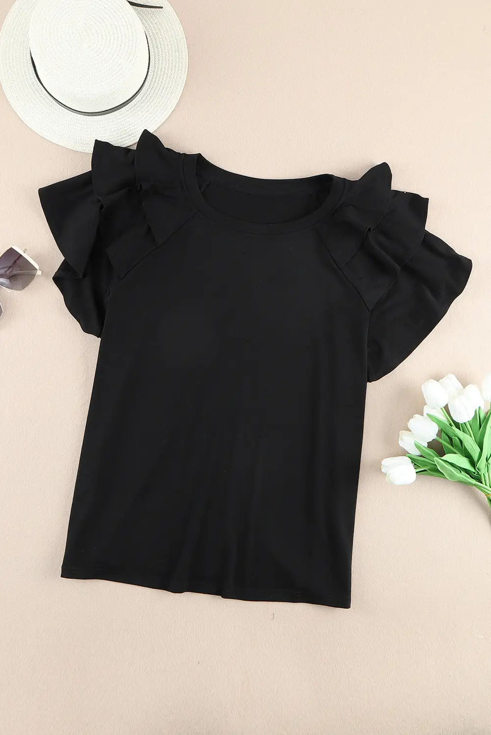 Black Solid Color Ruffle Tiered Sleeve Plus Size Tee-6