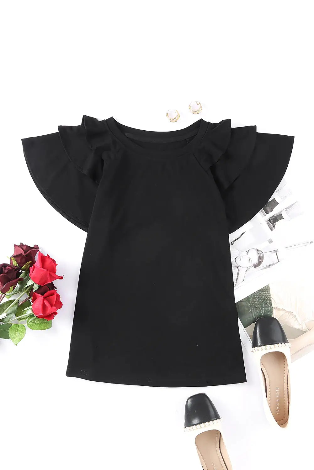 Black Solid Color Ruffle Tiered Sleeve Plus Size Tee-28