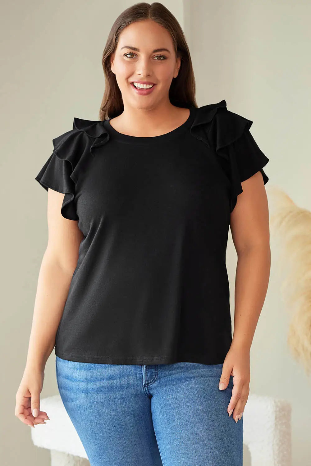 Black Solid Color Ruffle Tiered Sleeve Plus Size Tee-3